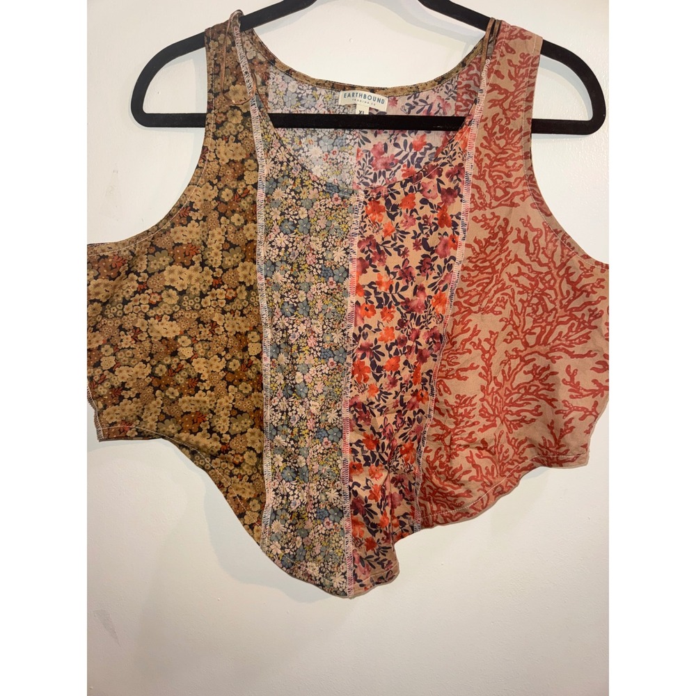 Earthbound Trading Co Patchwork Handkerchief Hem Crop Top Floral XL Boho Tank
